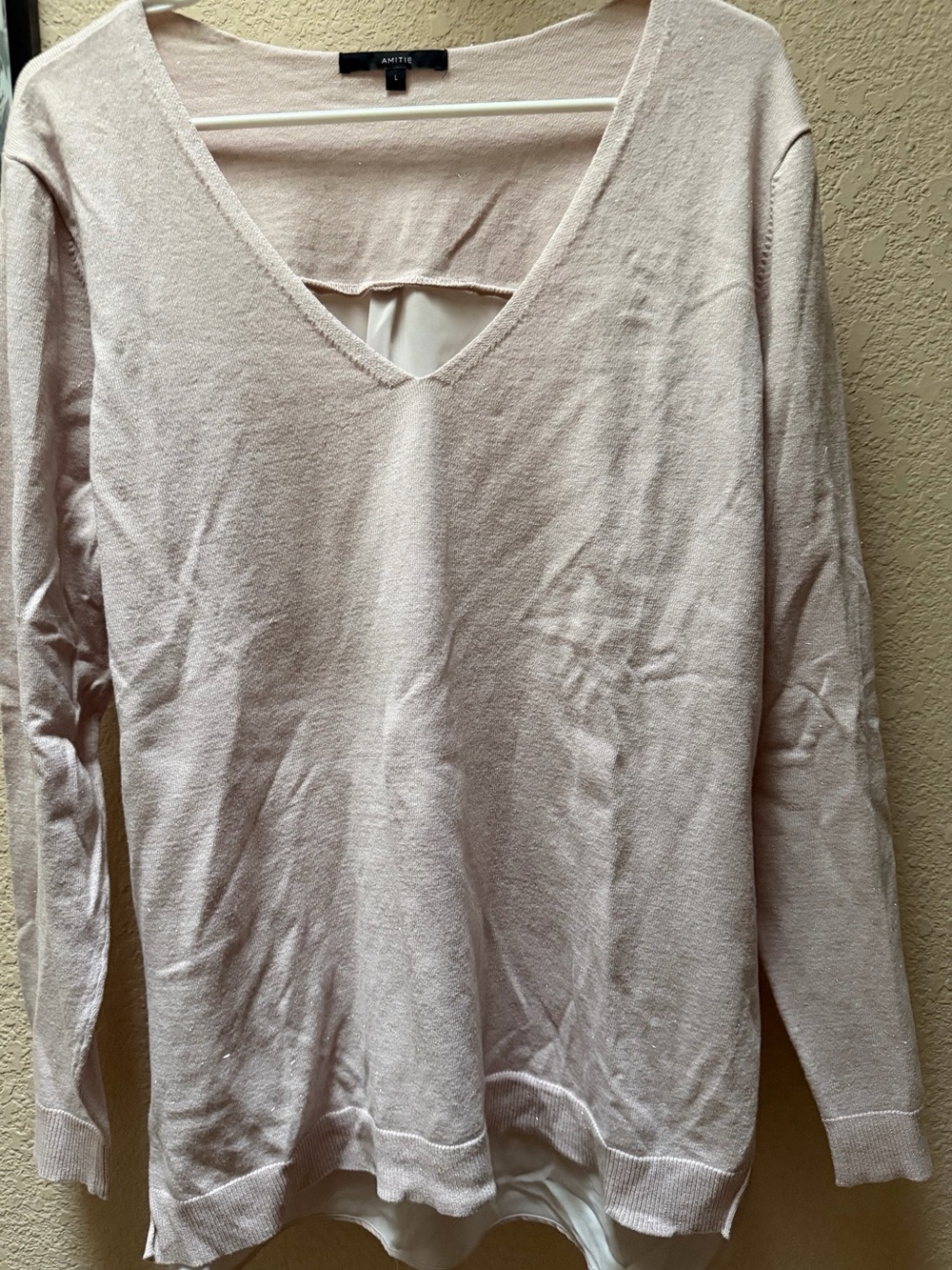 Ann Taylor Pale Blush V-Neck Layered-Hem Sweater